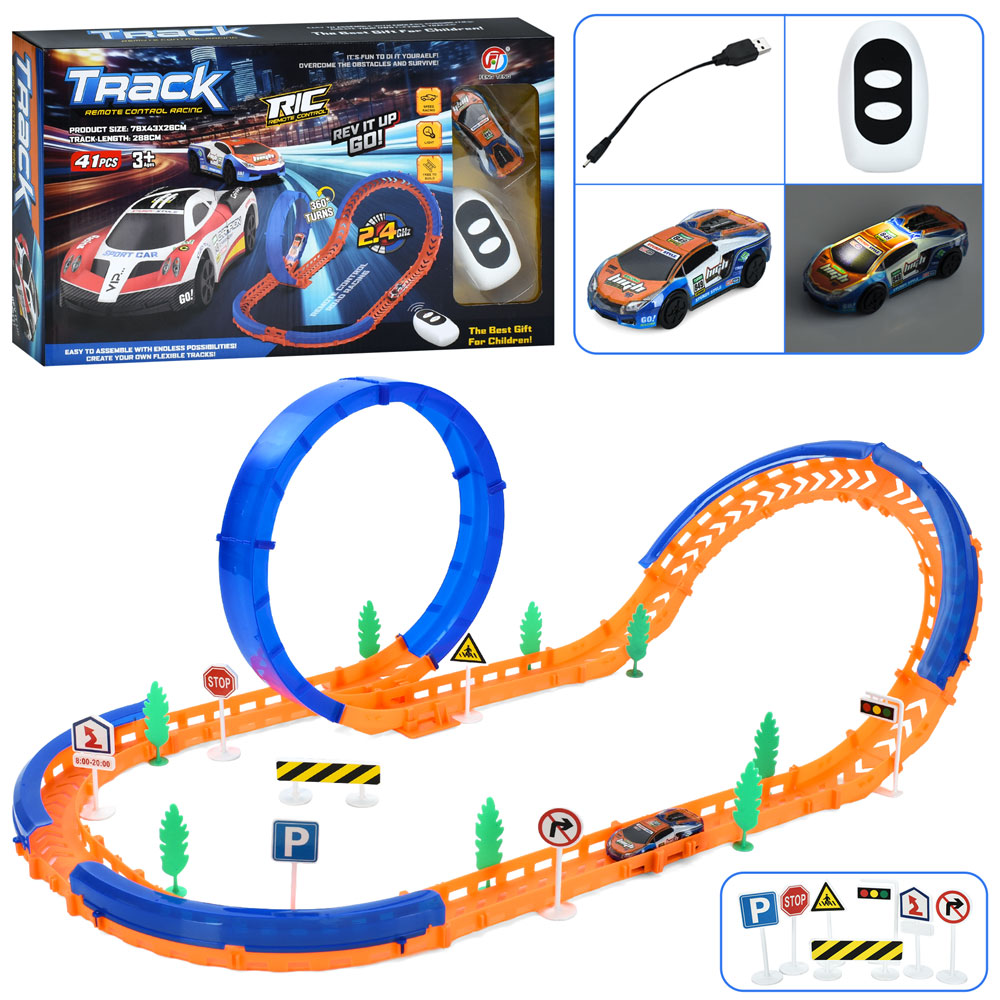 Трек 288/78х43х26 см на 41 деталь та машинка 8 см р/к 2,4G на акумуляторі зі світлом, USB, дорожніми знаками, у коробці 40х24х7 см.