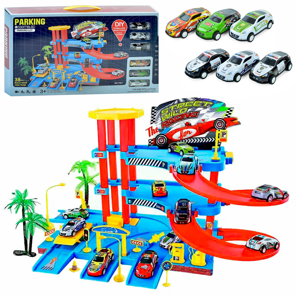 Гараж 3-поверховий на 38 деталей з 6 машинками та дорожніми знаками, в асортименті, у коробці 48,5х28х7 см