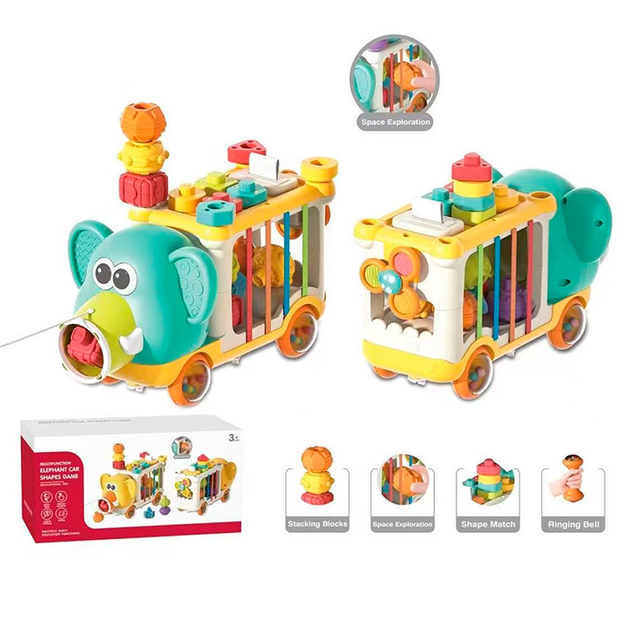 Сортер-каталка «Слон» 31,5 см з гумовою основою, 10 фігурами, текстурними деталями та спінером, в асортименті, у коробці 31,5х16х16 с