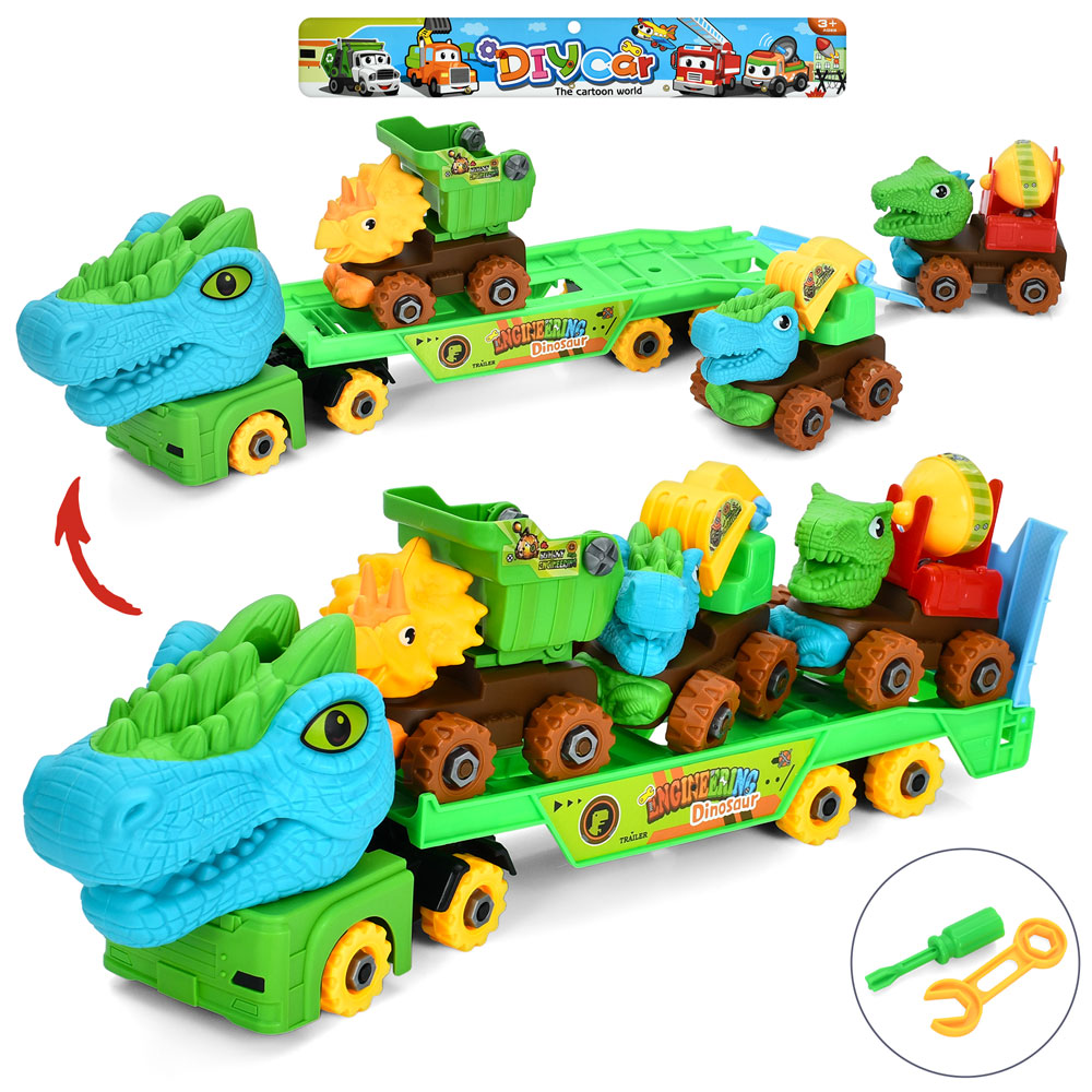 Конструктор «Трейлер-динозавр» 42 см на гвинтах з 3 машинками-динозаврами та, викруткою, у пакеті 50х22х9 см