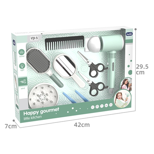 Набір перукаря: фен для волосся, дзеркало, гребінець, ножиці, на батарейці, у коробці 42х29,5х7 см