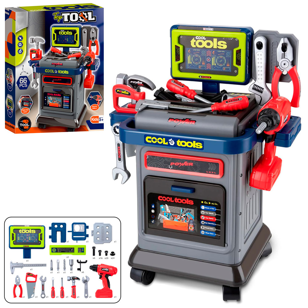 Набір інструментів на 41 елемент: тачка 43х25х53,5 см, 4 колеса, шуруповерт з обертовим свердлом, молоток, пила, гайкові ключі, викрутки, на батарейці, у коробці 39х49х10,5 см