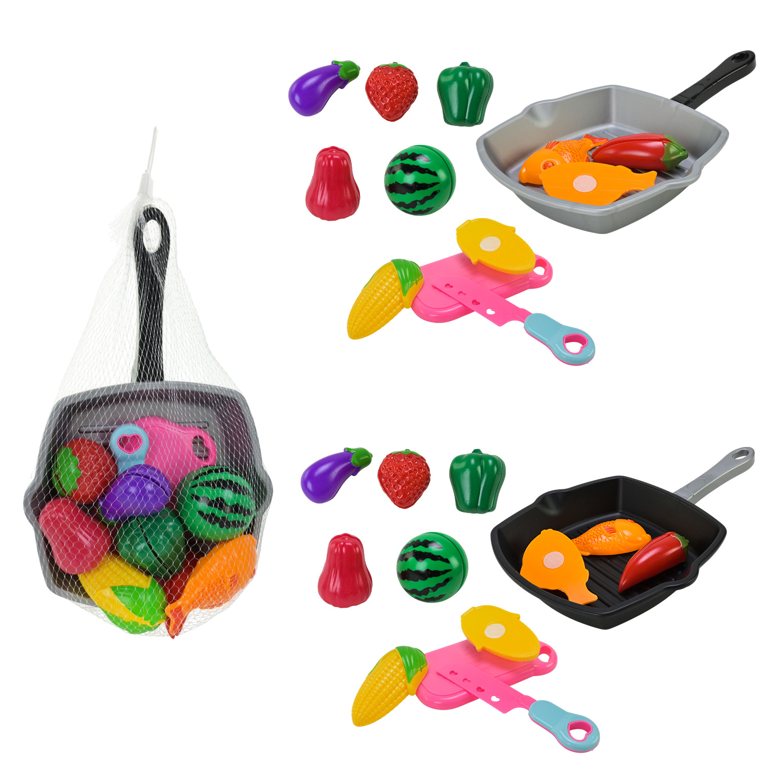 Набір продуктів: скороворідка, овочі на липучках, дошка для нарізки, два ножі, у сітці 31х19 см