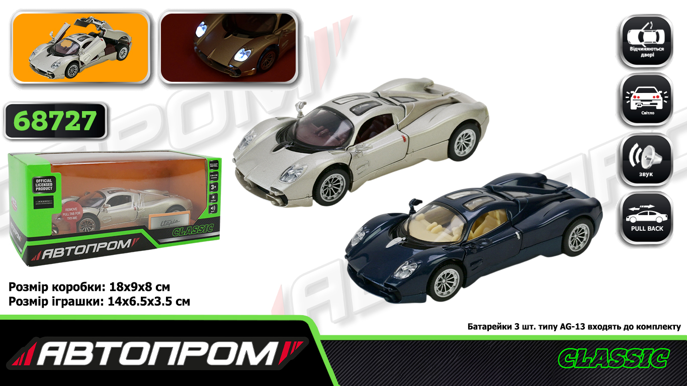 Машина «Pagani Utopia» 1:32 металевий зі світлом, звуком та дверима що відчиняються, на батарейці, у коробці 18х9х8 см, Автопром