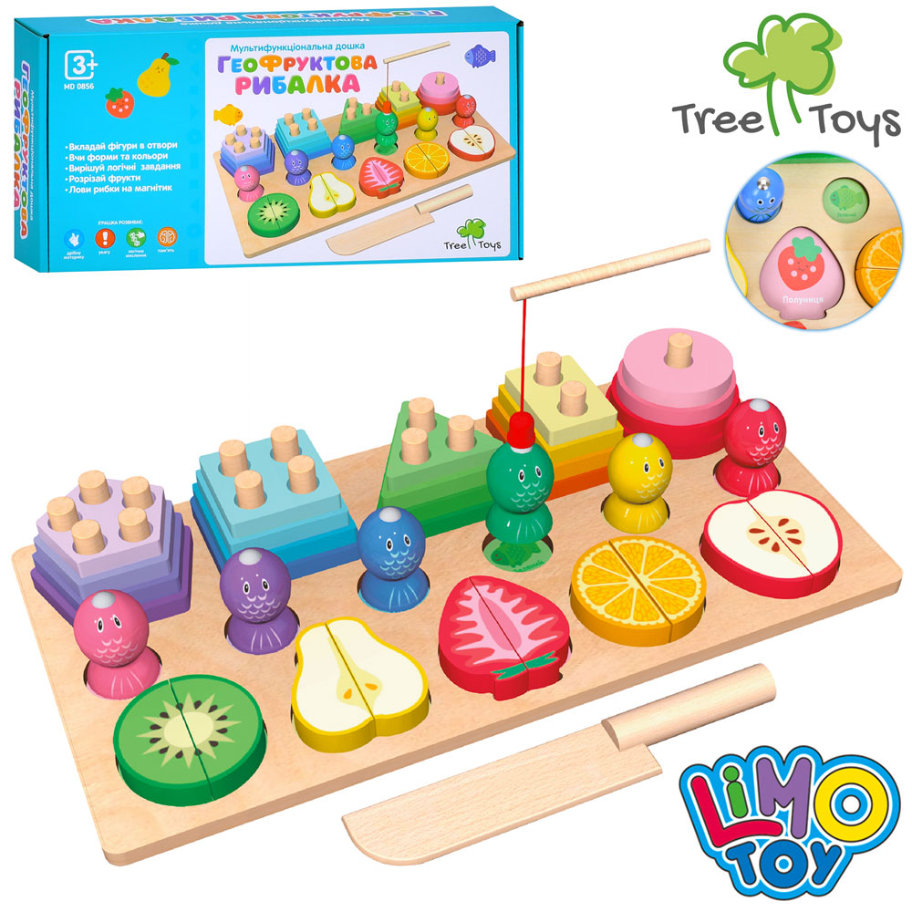 Бізідошка «Геофруктова рибалка» дерев`яна: ігрове поле 30х15,5 см, геометрика, 5 магнітних фруктів-пазлів магнітні, ніж, риболовля, у коробці 32,5х16,5х6,5 см