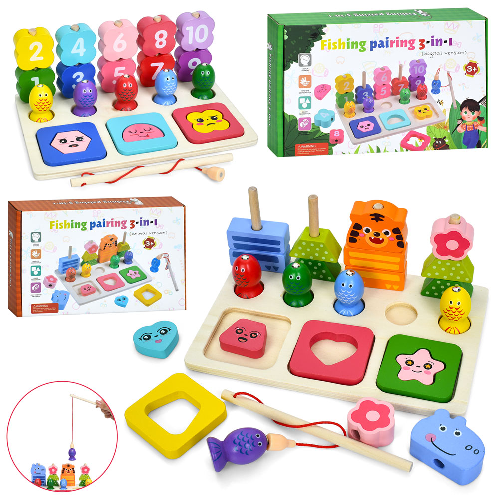 Бізідошка 3 в 1 дерев'яна: ігрове поле, пірамідки, магнітна риболовля, пазли,в асортименті, у коробці 24х15,5х5 см