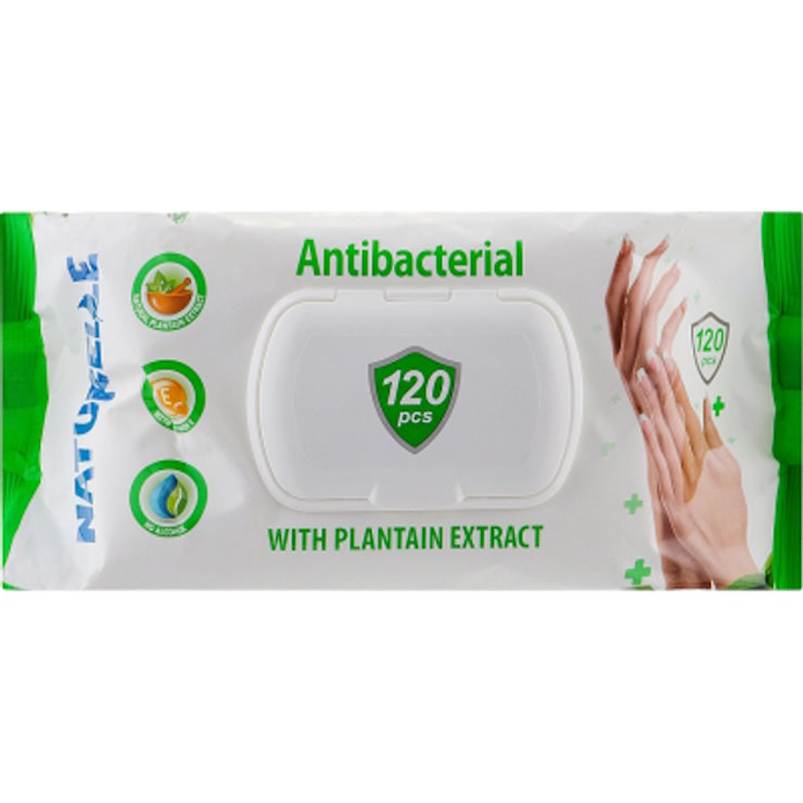 Серветки вологі «Антибактеріальні з екстрактом листя подорожника» 120 шт, ТМ Naturelle