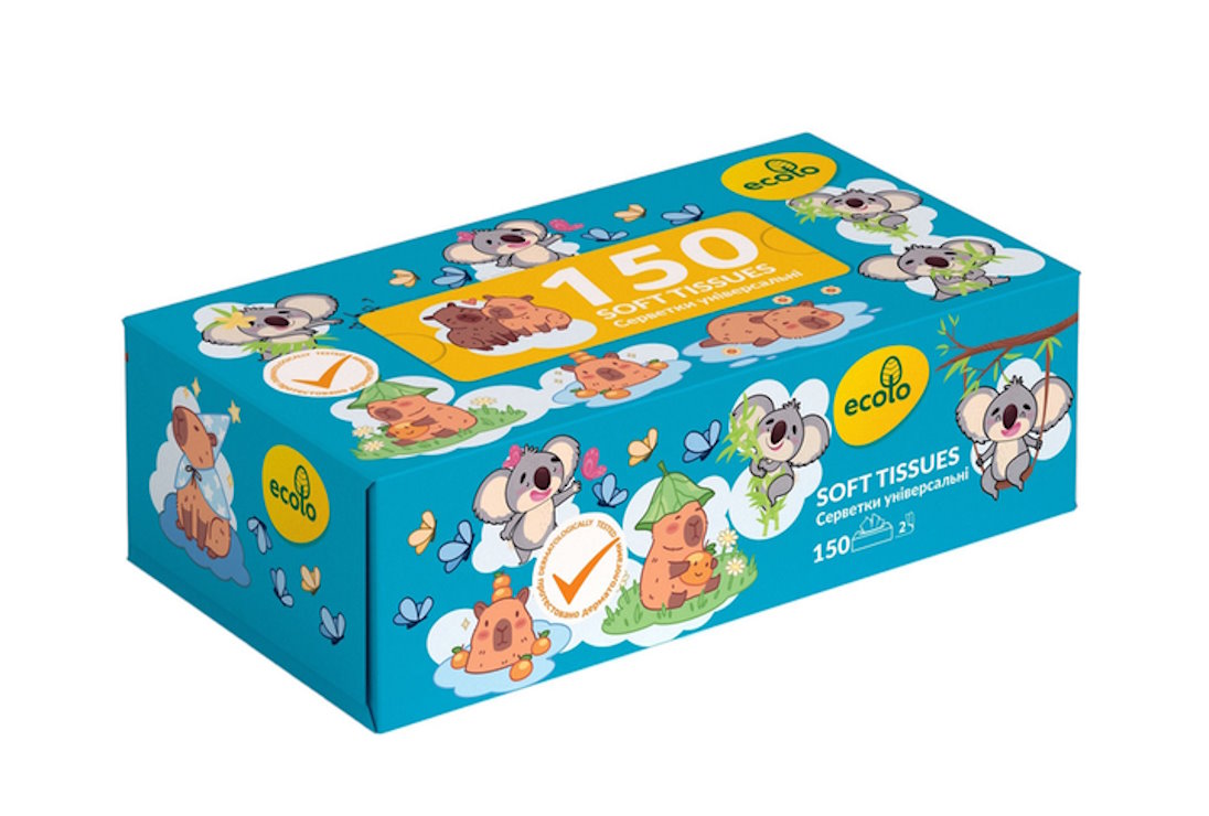 Серветки «Ecolo Kids› косметичні 2-шарові 150аркушів у пеналі