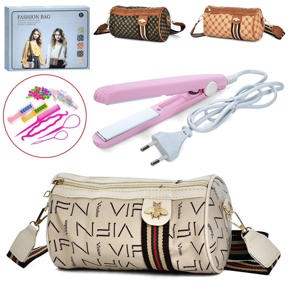 Набір перукаря: плойка від мережі зісвітлом, нагрівається, заколки, крейда для волосся 2 шт та сумка 19х12х12 см, в асортименті