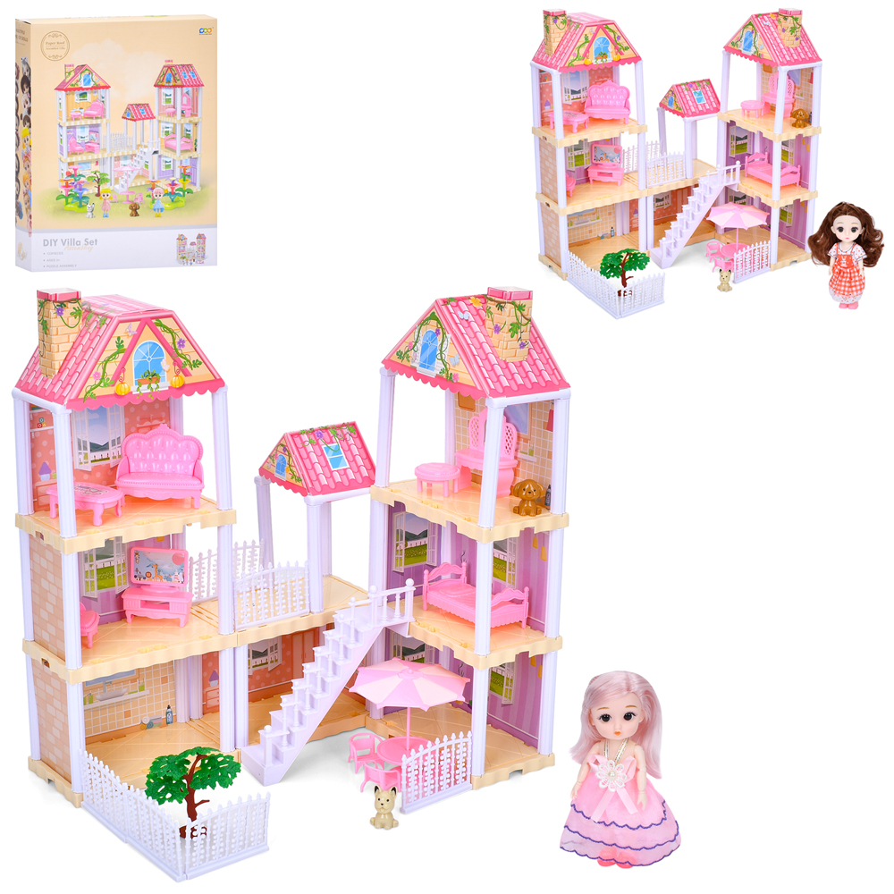 Будиночок 3-поверховий на 133 деталі: меблі, шарнірна лялька 15 см, собачки, в асортименті, у коробці 35,5х45х8,5 см.