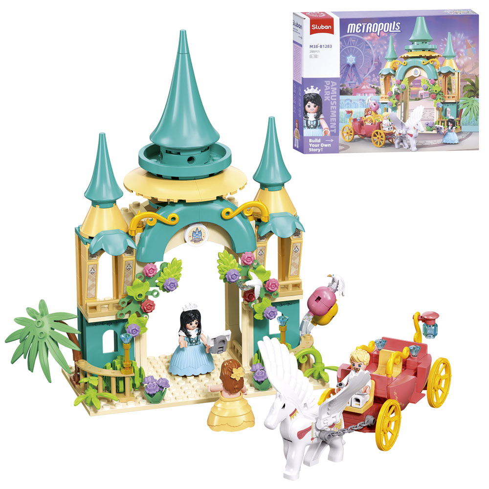 Конструктор «Рожева серія. Замок» 22,3 см на 288 деталей з каретою, конячкою та фігурками, у коробці 38х28,5х7 см, SLUBAN