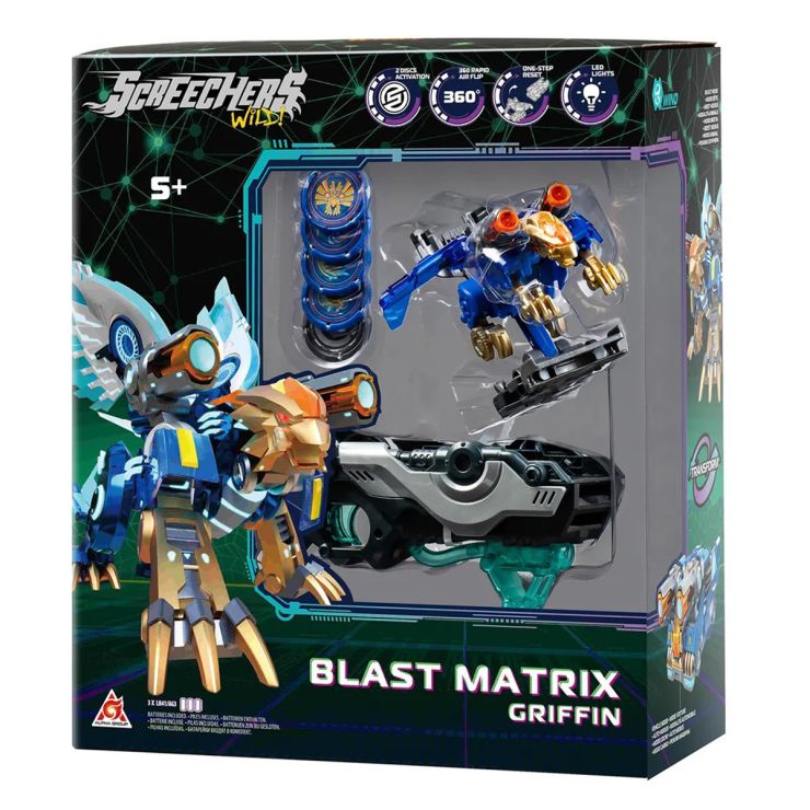 Ігровий набір Screechers Wild! «Гріфін» 11х16х9 см: запускалка-бластер, машина-трансформер та 5 дисків, у коробці 13х30х35 см