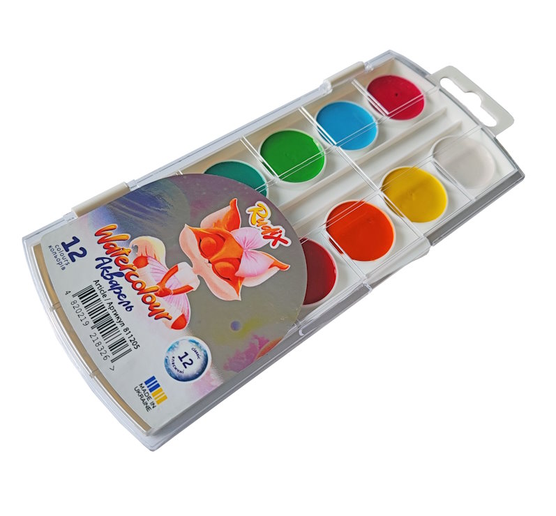 Фарби акварельні на 12 кольорів без пензля, пластик, RUDIX