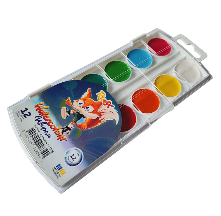 Фарби акварельні на 12 кольорів без пензля, пластик, RUDIX