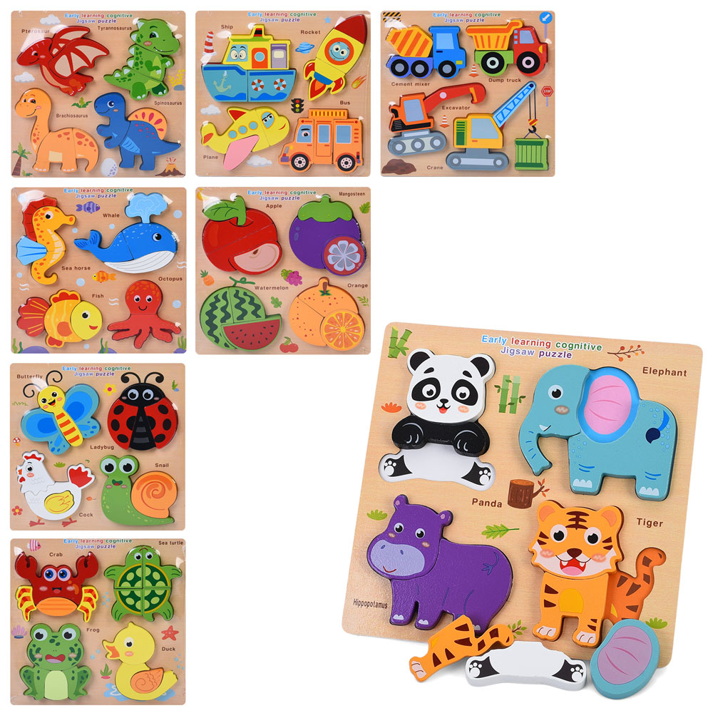 Пазли дерев'яні 4 в 1 з англійськими назвами, в асортименті, у пакеті 18х18х1 см