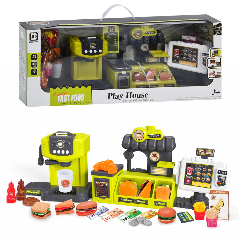 Дитячий супермаркет зі світлом та звуком: фаст-фуд, прилавок, каса 32 см, кавомашина 18 см, продукти, гроші, на батарейці, в коробці 59х24,5х14,5 см