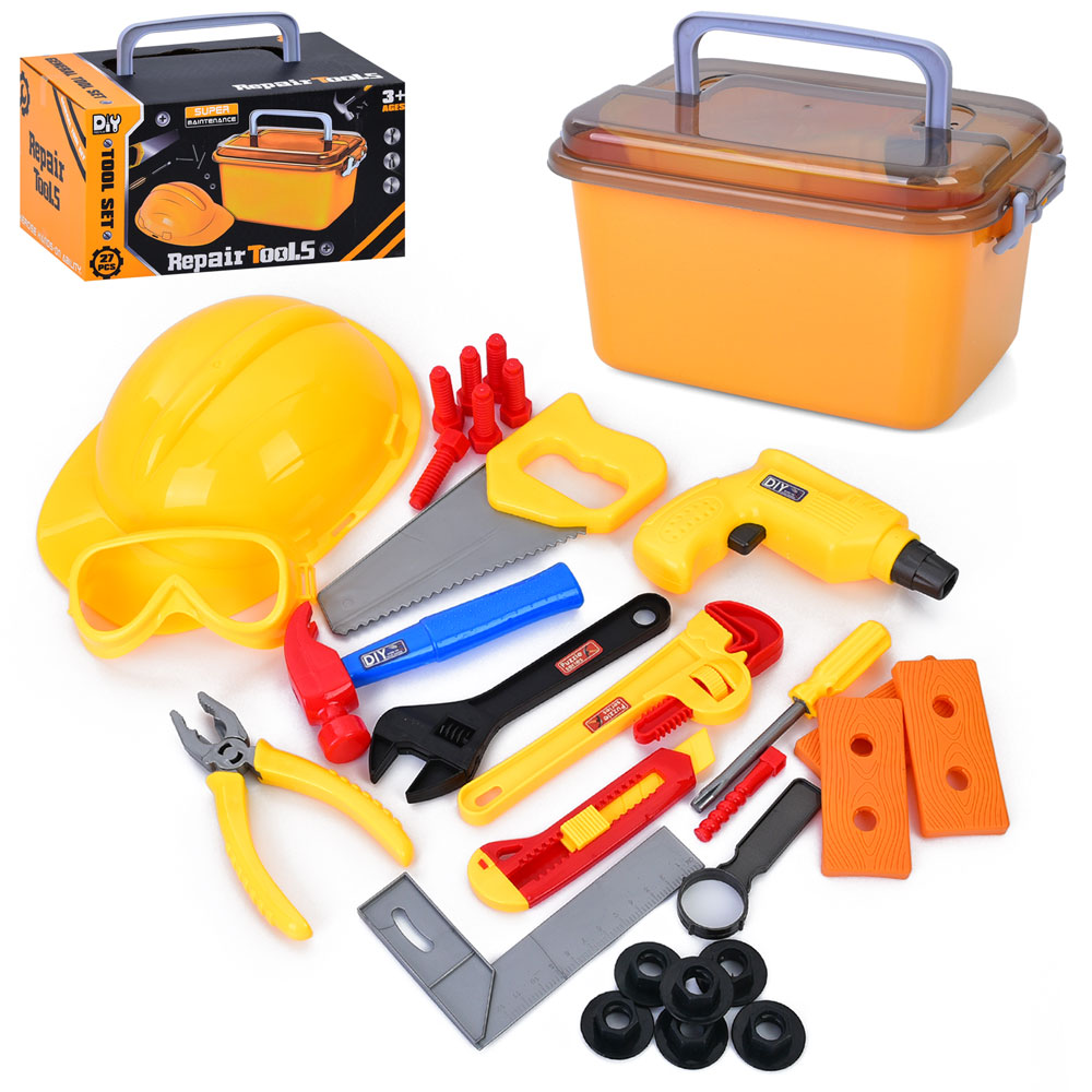 Набір інструментів: каска, ящик, молоток, викрутка, гайкові ключі, маска, пила, у коробці 27х14,5х17,5 см