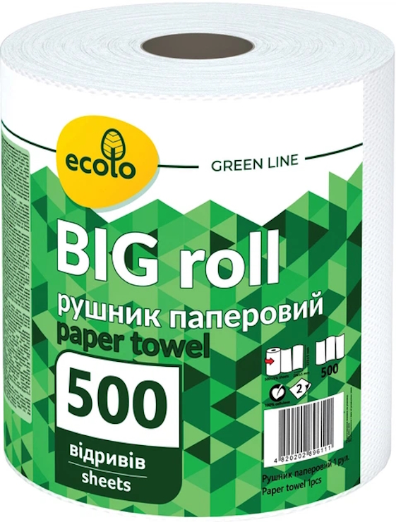 Рушники паперові «Big Roll» білі 2-шарові на 500 відривів, ТМ Ecolo