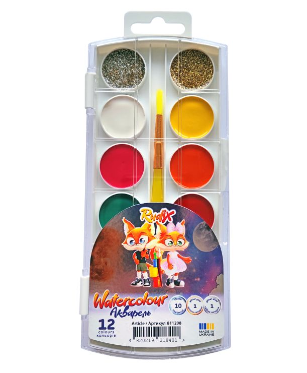 Фарби акварельні на 12 кольорів з пензликом, пластик, RUDIX