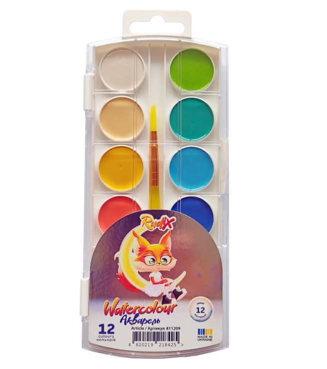 Фарби акварельні на 12 кольорів пастельні з пензликом, пластик, RUDIX