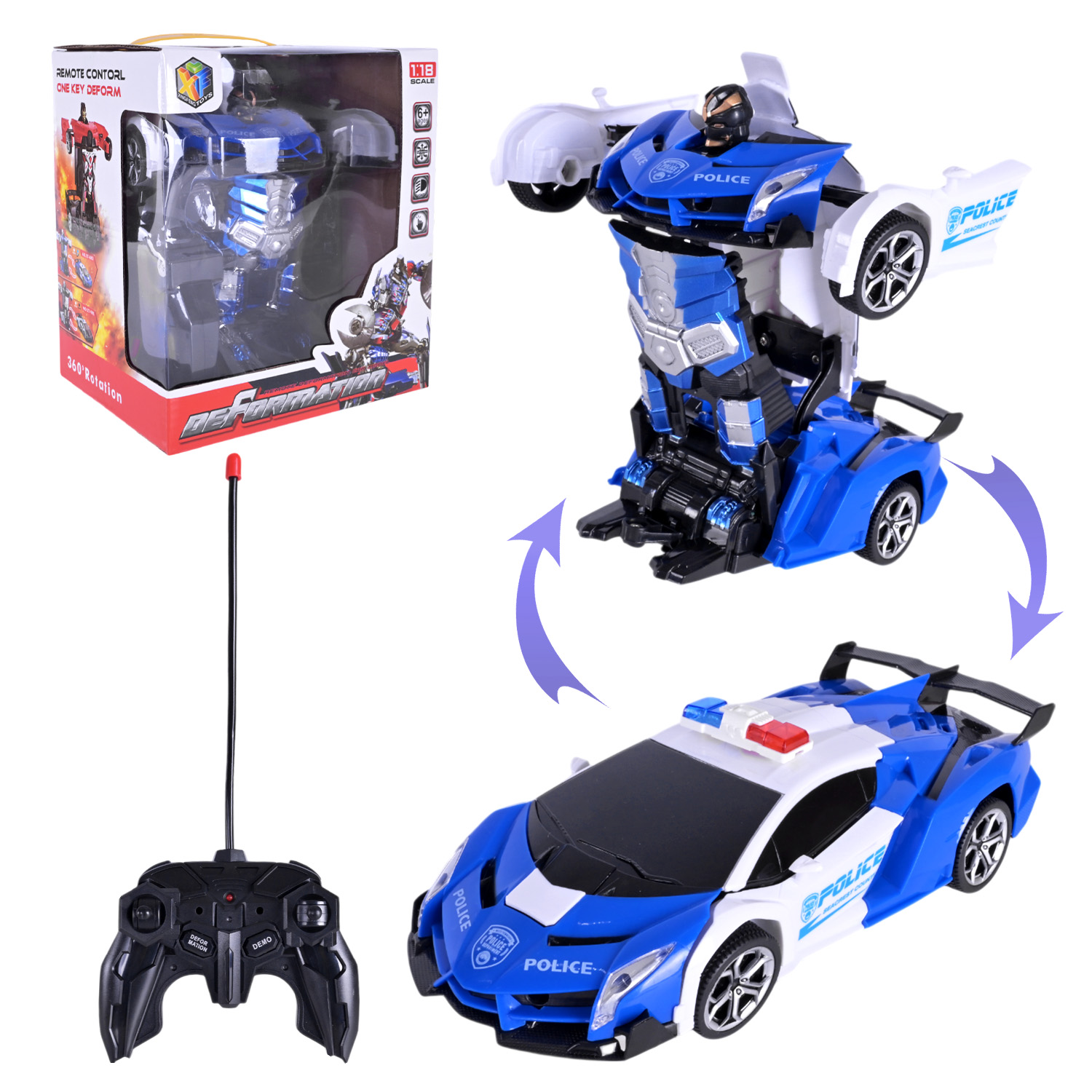 Машина-трансформет «Поліція» 19 см р/к зі світлом та USB, на батарейці, у коробці 17,5х15х20 см