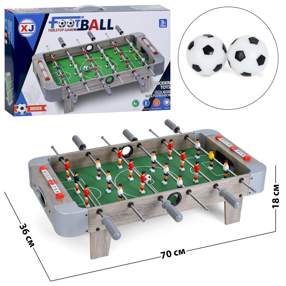 Настільна гра «Футбол» 70х36х18 см дерев`яний на штангах з ігровим полем 57,5х34 см, таблом для ведення рахунку, 2 м'ячами, на ніжках, у коробці 60х37х8 см