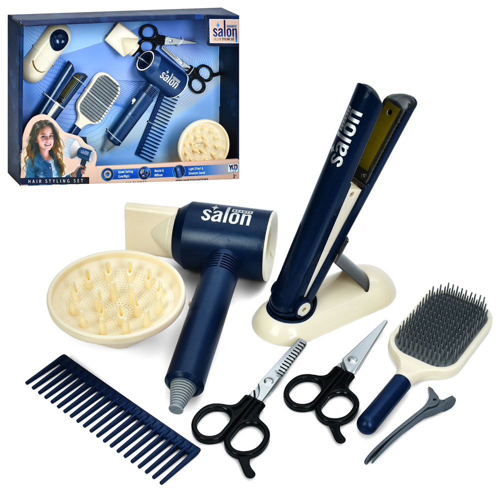 Набір перукаря: фен, насадки, плойка, гребінець, шпильки, ножиці, на батарейках, у коробці 46х32х6,5 см