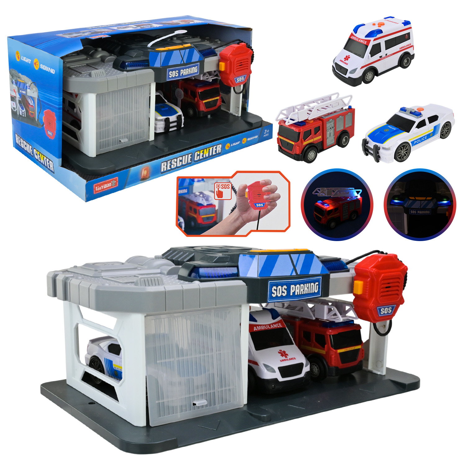 Паркінг 35х21х15 см зі світлм, звуком та 3 машинками по 13 см, на батарейці,у коробці 38х23х19 см