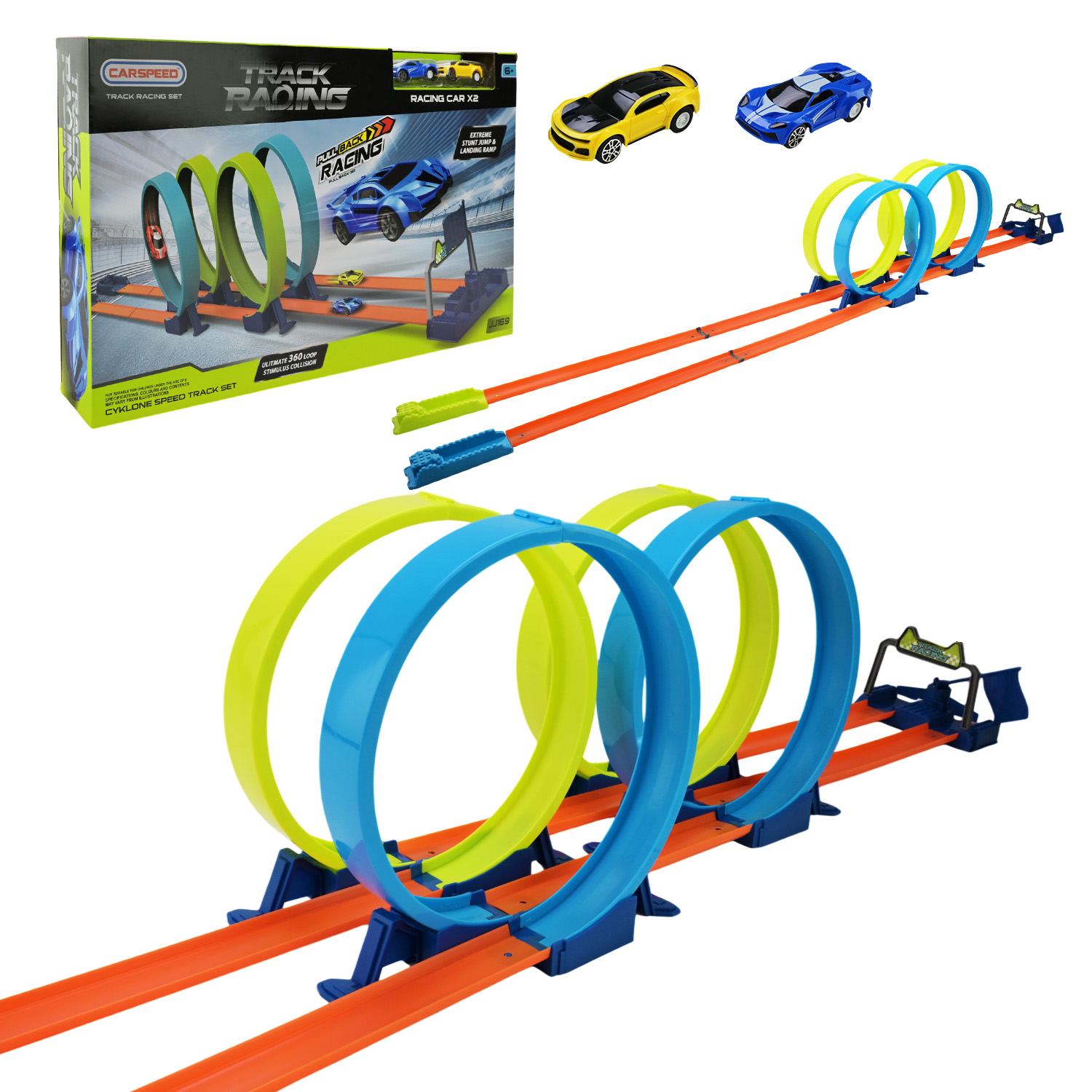 Трек 170х21х27 см зі світлом, звуком та 2 машинками по 7 см, на батарейці, у коробці 54х7х32 см