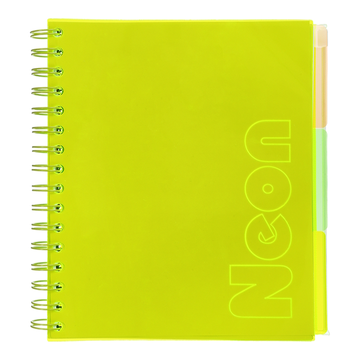Зошит з роздільниками «NEON» В5 на 120 аркушів у клітинку з пластиковою обкладинкою на спіралі збоку, жовтий, ТМ Buromax