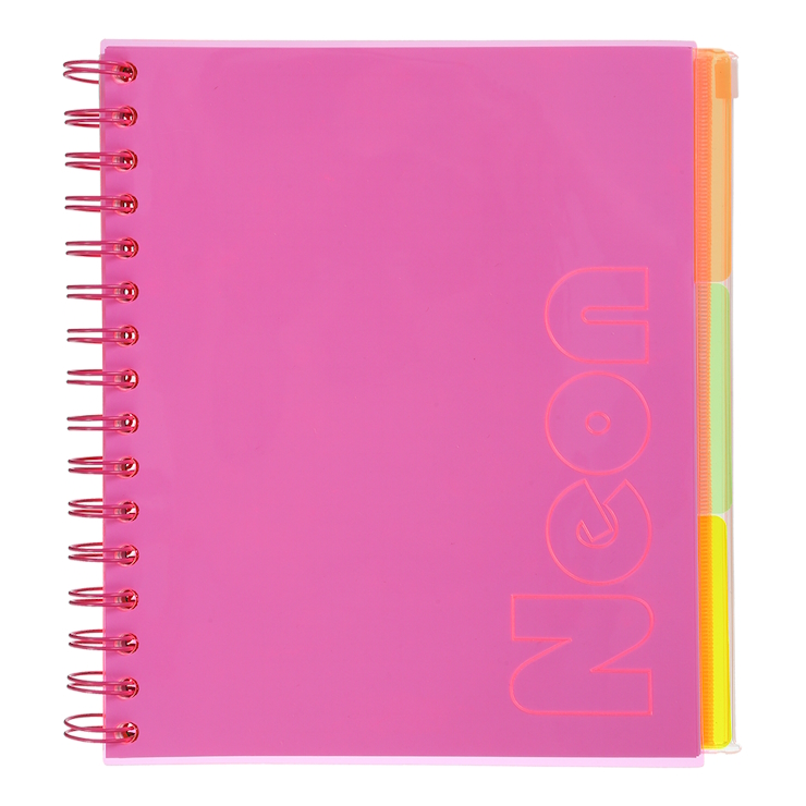 Зошит з роздільниками «NEON» В5 на 120 аркушів у клітинку з пластиковою обкладинкою на спіралі збоку, рожевий, ТМ Buromax