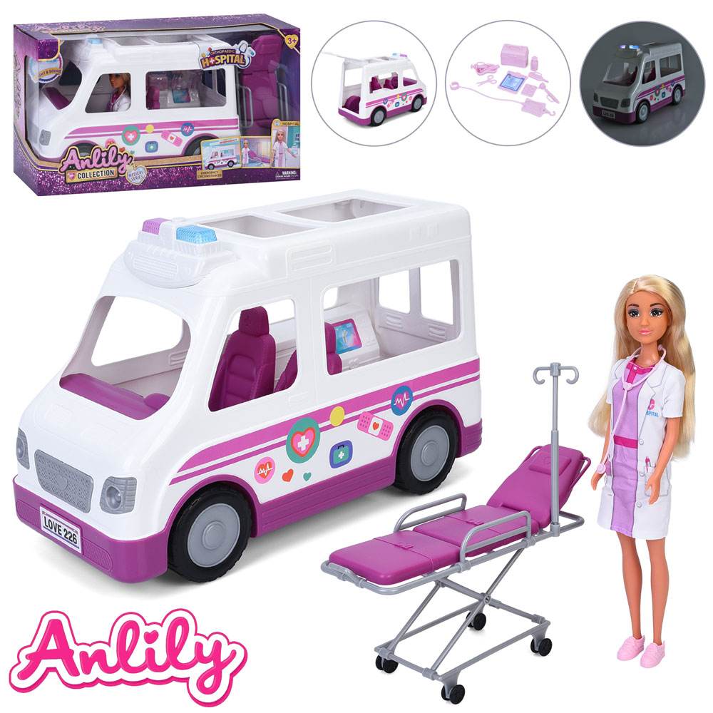 Лялька «Лікарка» 28 см з машинкою 37 см із звуком та світлом, медичною каталкою 25 см та медичними інструментами, у коробці 48х26х17 см.