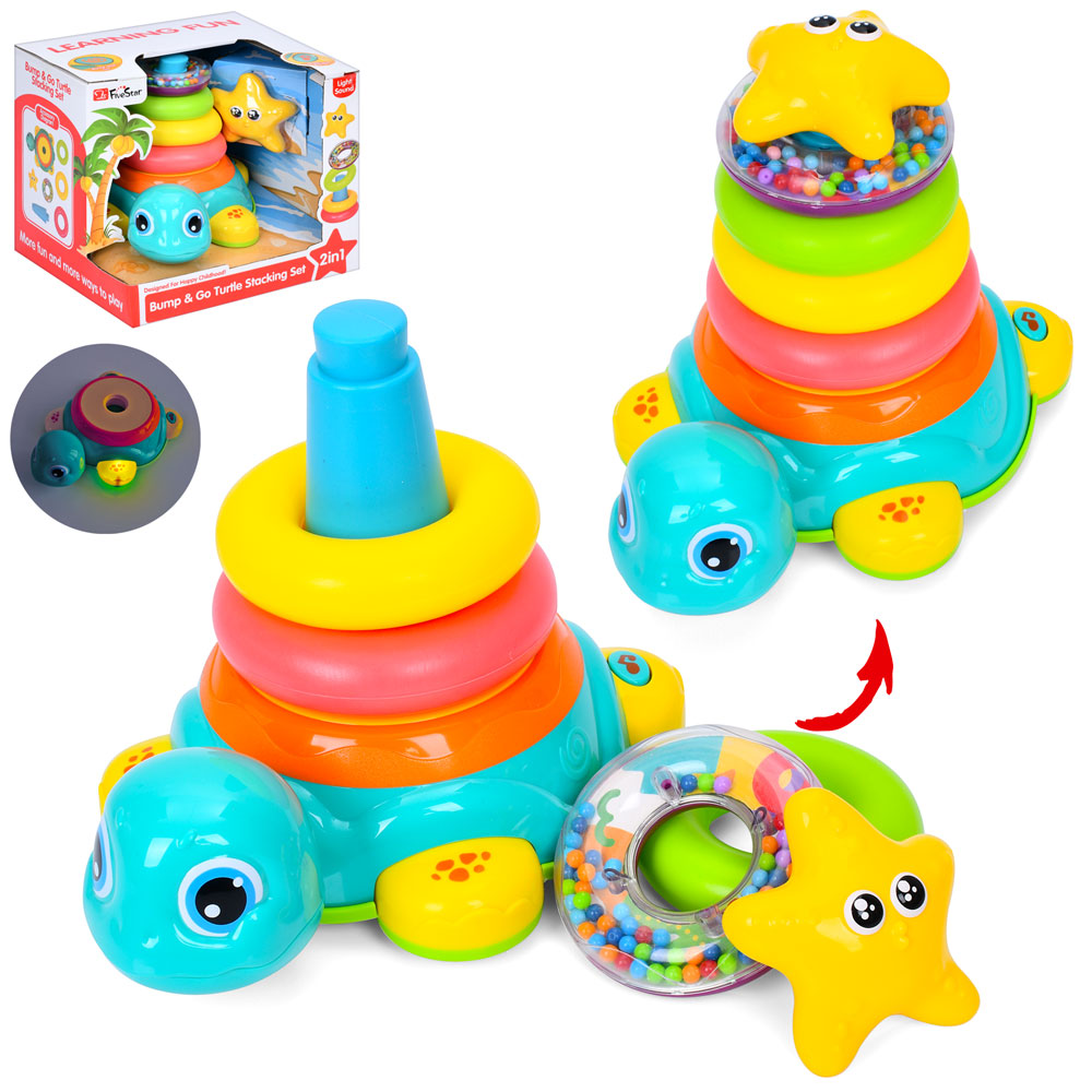 Пірамідка-каталочка «Черепаха» 22 см музична зі світлом на 5 кілець з брязкальцем, на батарейках, у коробці 24,5х21,5х25 см.