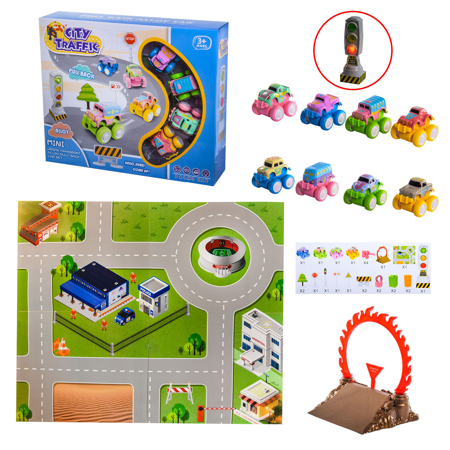 Килимок «City Traffic»: ігрове поле 49х59 см, 4 машинки по 5,5 см та 20 аксесуарів, в асортименті, у коробці 30х7,5х25 см
