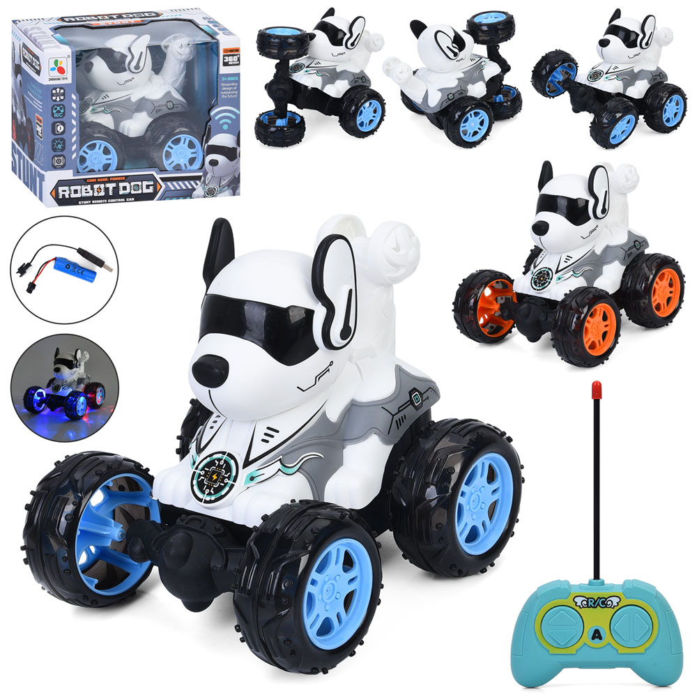 Машина «Пес» 19 см р/к на акумуляторі музична зі світлом та USB, трюкова, обертається на 360, в асортименті, у коробці 23х18х17,5 см