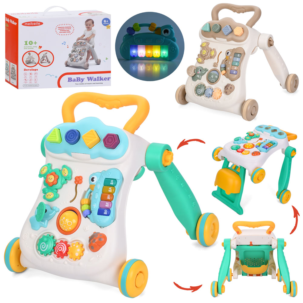 Ходунки музичні зі світлом, ігровою панеллю, піаніно, шестеренками, спінером, рухливими деталями, корівкою-пискалькою, тріскачкою, сортером, на батарейці, в асортименті, у коробці 44х34х19 см