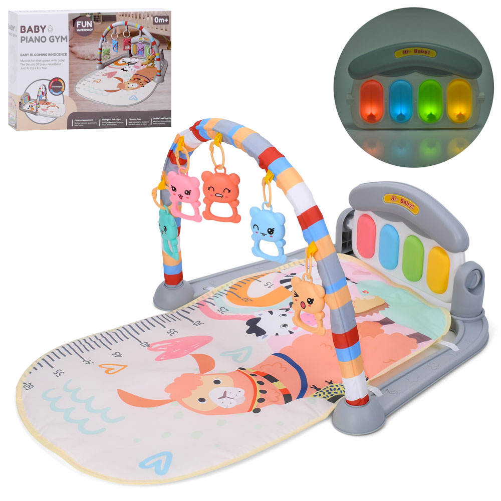 Килимок для немовляти 70х44 см, музичний зі світлом, аркою на 5 підвісок та піаніно, на батарейках, у коробці 43,5х30,5х7,5 см.