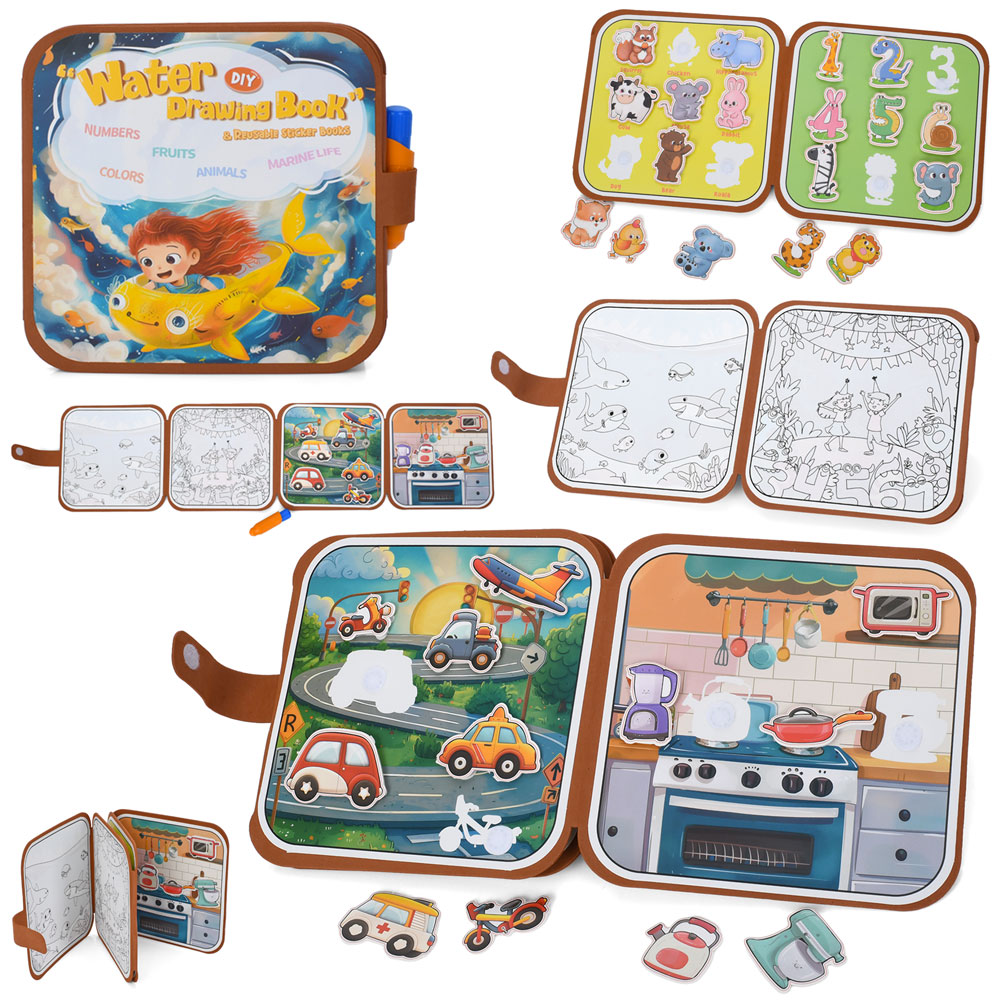 Книжка для малювання водою 20х20х2 см/81х20 см з наліпками та пензликом, у пакеті 22х20х2,5 см
