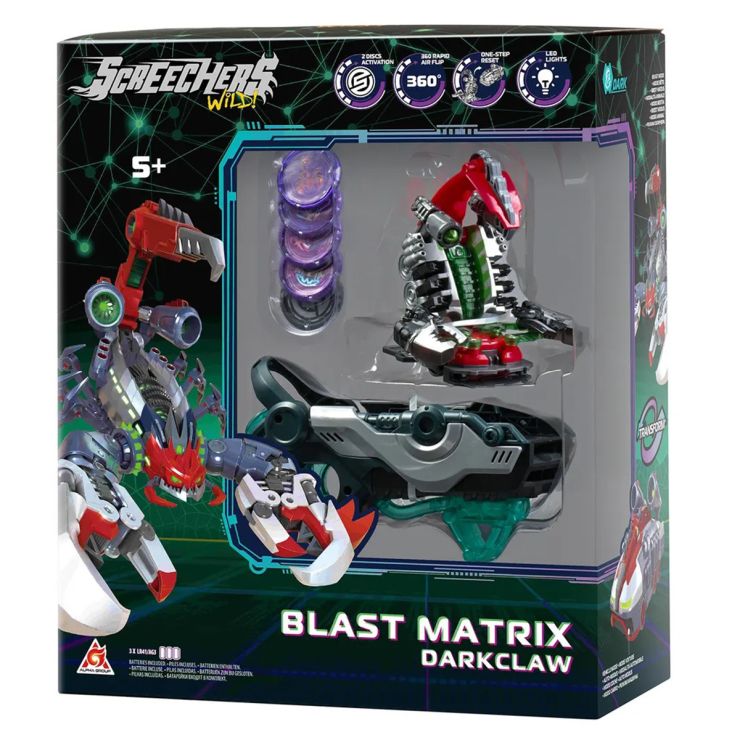Ігровий набір Screechers Wild! «Дарккло» 9х12х9 см: запускалка-бластер, машина-трансформер та 5 дисків, на батарейці, у коробці 13х30х35 см