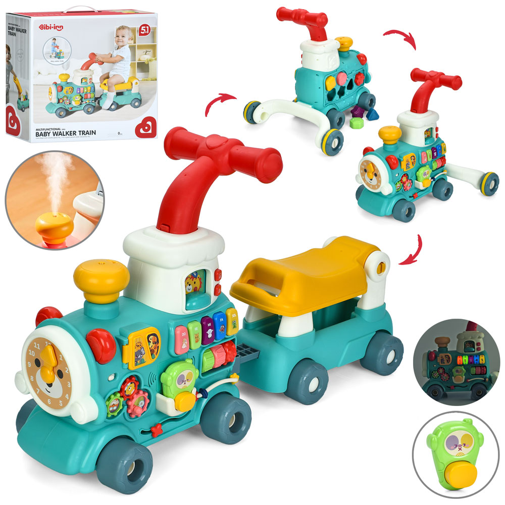 Ходунки-каталка «Потяг» 5 в 1 68,5x22x42 см музична з вагоном, парою, димом, світлом, піаніно, сортером, годинником-тріскачкою, на батарейці, у коробці 44,5х43,5х17,5 см