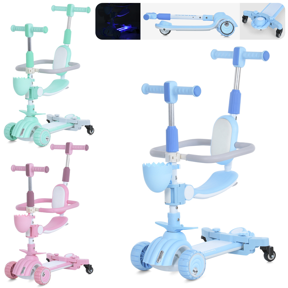 Самокат-велобіг 5 в 1 3-колісний на алюмінієво-пластиковій рамі, колеса ПУ зі світлом, передня 115 мм, заднє 85 мм, підніжкою 27х13 см та батьківською ручкою