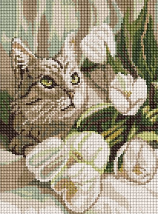 Набір з алмазною мозаїкою «Зеленоокий кіт з тюльпанами» 30х40 см, ТМ Ідейка