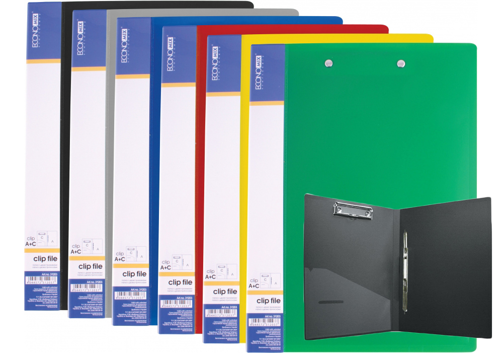 Папка А4 з боковим притиском та пружинним механізмом Clip А+C з пластиковою кишенею, в асортименті, ТМ Economix