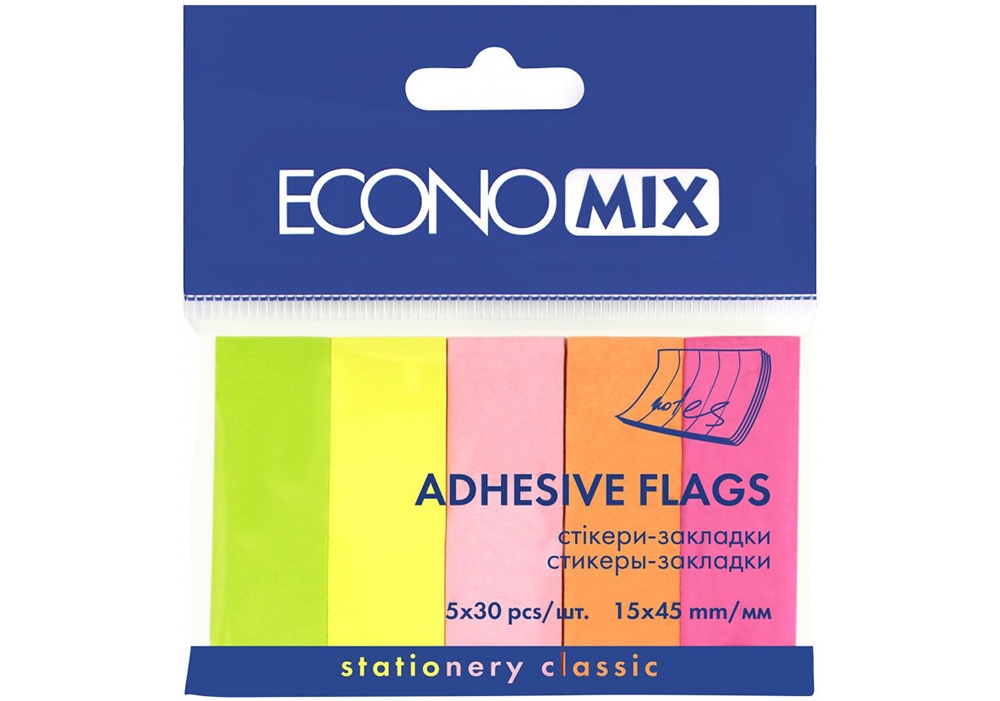 Стікер-закладки, 5 неонових кольорів по 30 аркушів, ТМ Economix