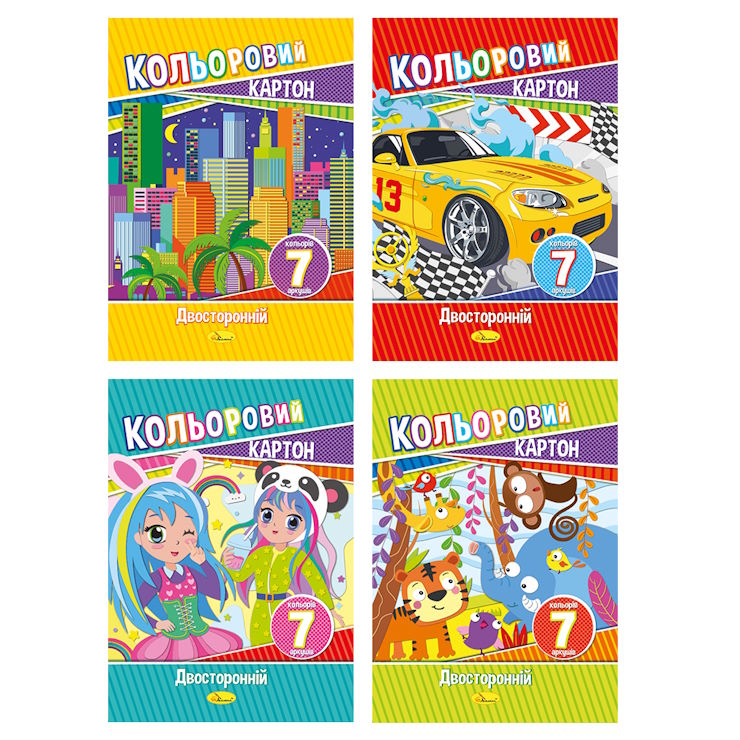 Картон кольоровий А4 з 7 аркушів на 7 кольорів, двосторонній 230 г/м2, ТМ Апельсин