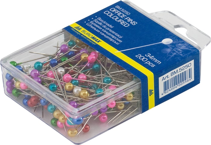 Шпильки кольорові, 34 мм, 200 шт. у пластиковому контейнері, ТМ Buromax
