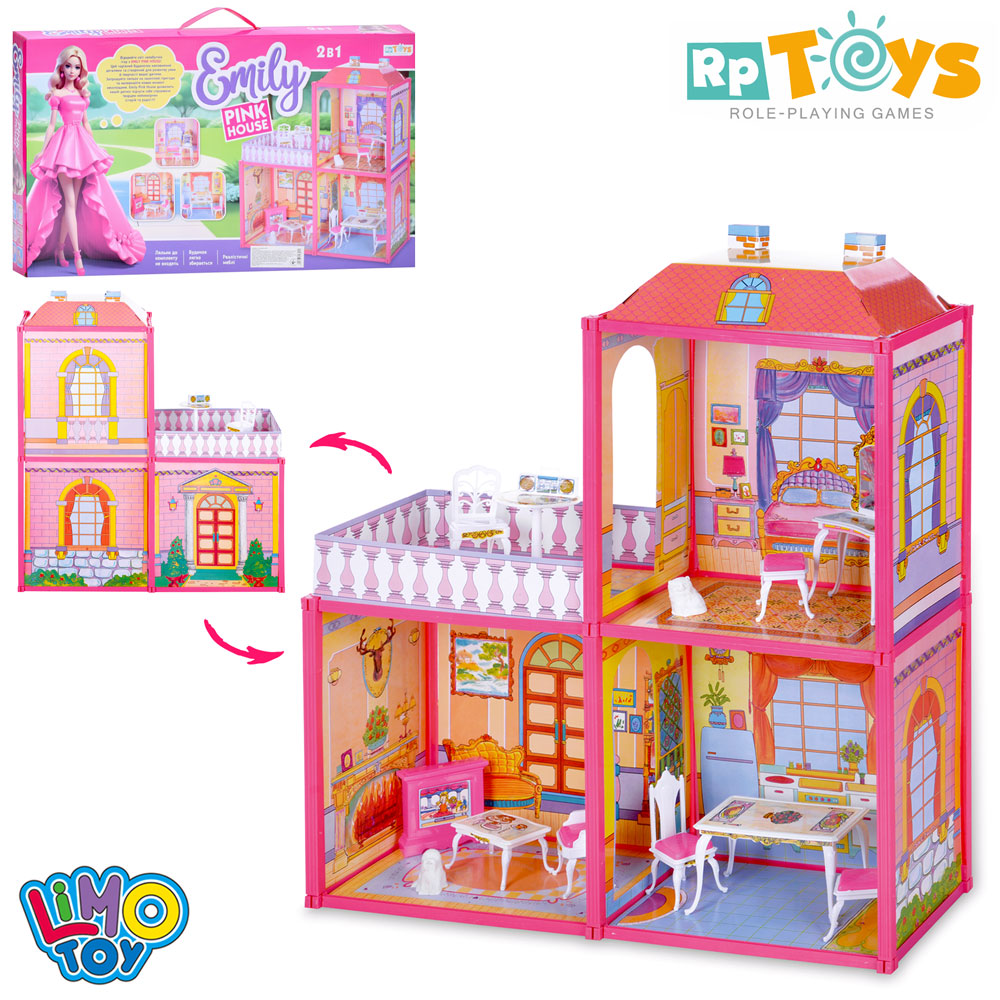 Будиночок 2-х поверховий з меблями та лялькою, у коробці 60х42 см