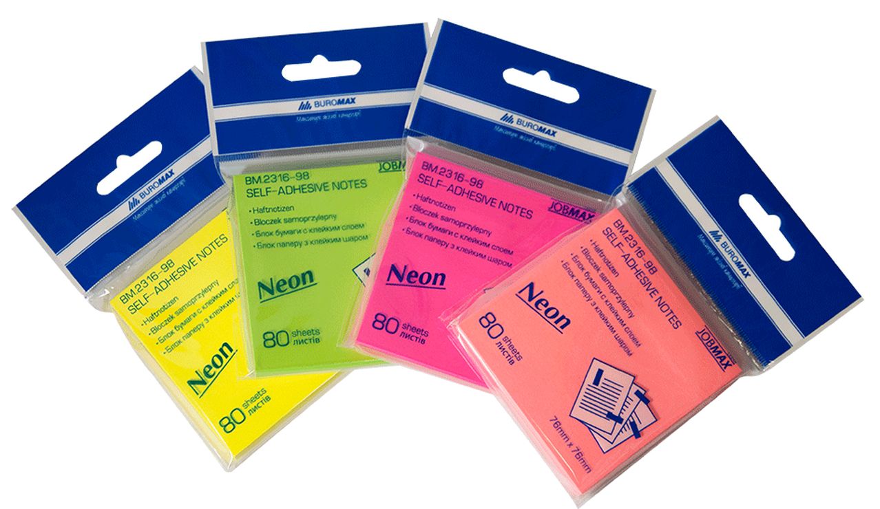 Блок паперу клеєний 76х76 мм 80 аркушів, неон, в асортименті, TM Buromax
