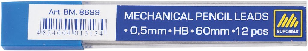 Стрижні для механічних олівців графітні HB, 0.5 мм, 12 штук, ТМ Buromax
