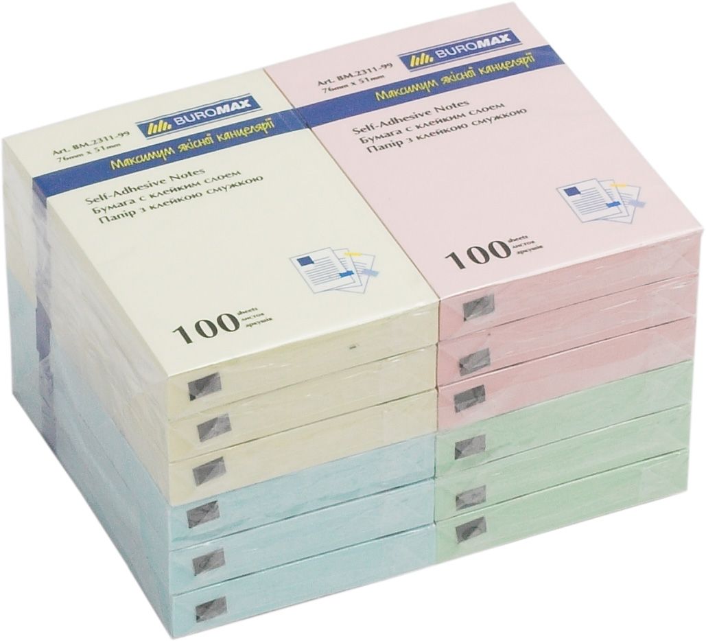 Блок паперу клеєний 51х76 мм 100 аркушів, в асортименті, ТМ Buromax